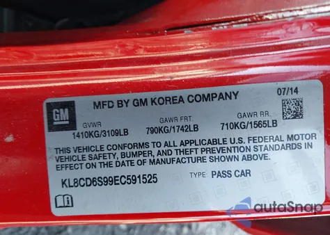 2014 Chevrolet Spark 1Lt Auto z USA, uszkodzony, nr VIN KL8CD6S99EC591525